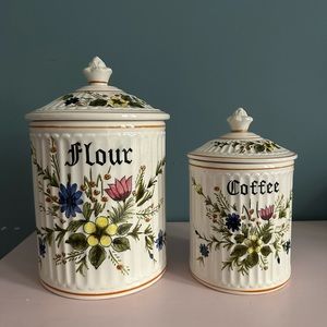 Vintage 80s jar set- flour & coffee w lids, sugar & instant coffee without lids